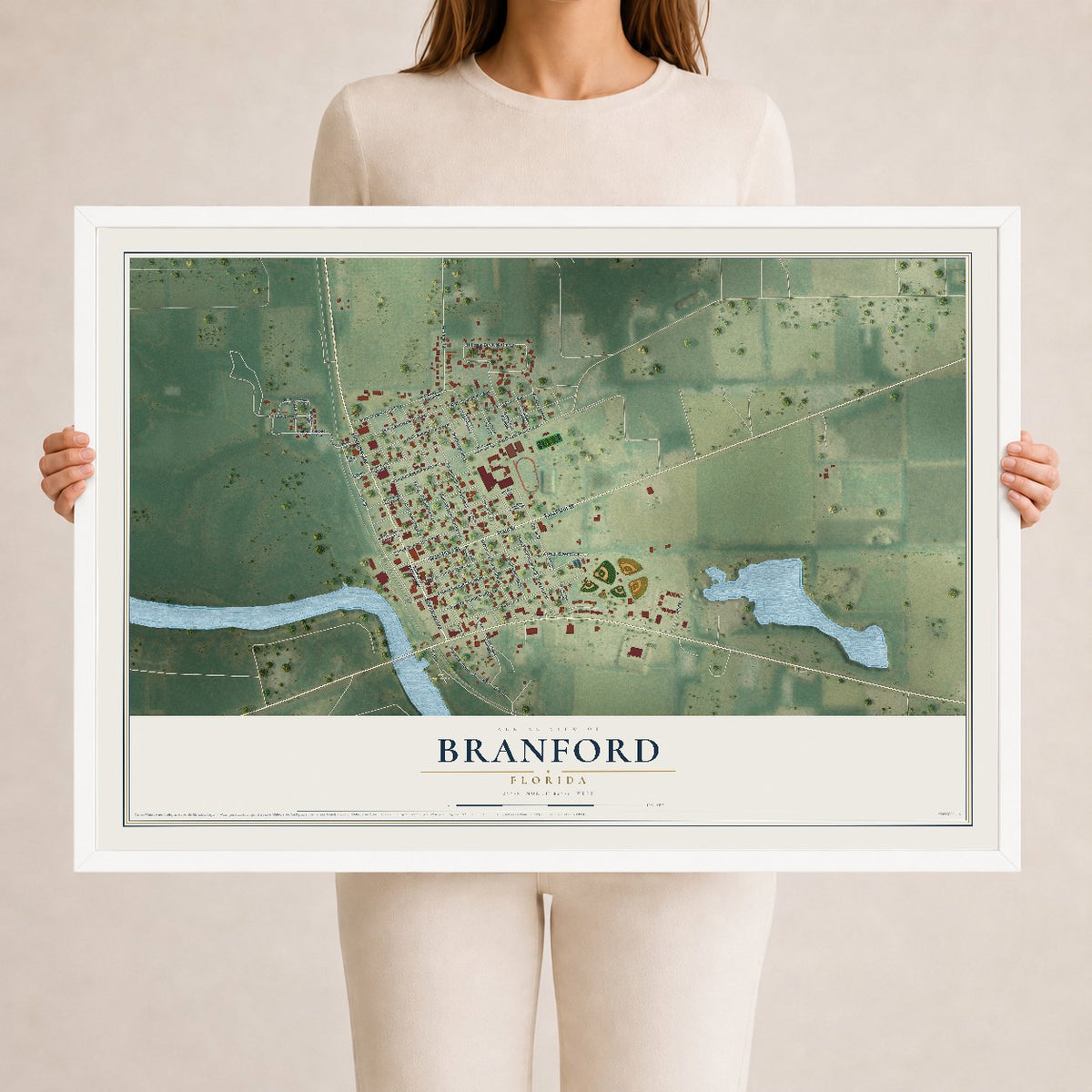 Branford, Florida map print, 24" x 36" W/ White Ayous Wood Frame mockup