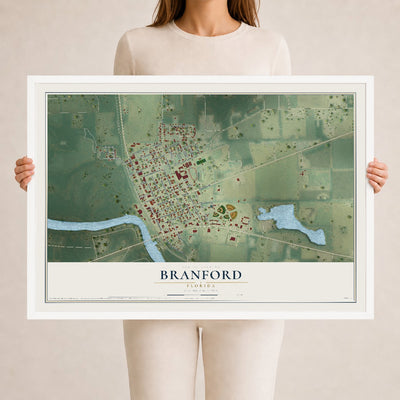 Branford, Florida map print, 24" x 36" W/ White Ayous Wood Frame mockup