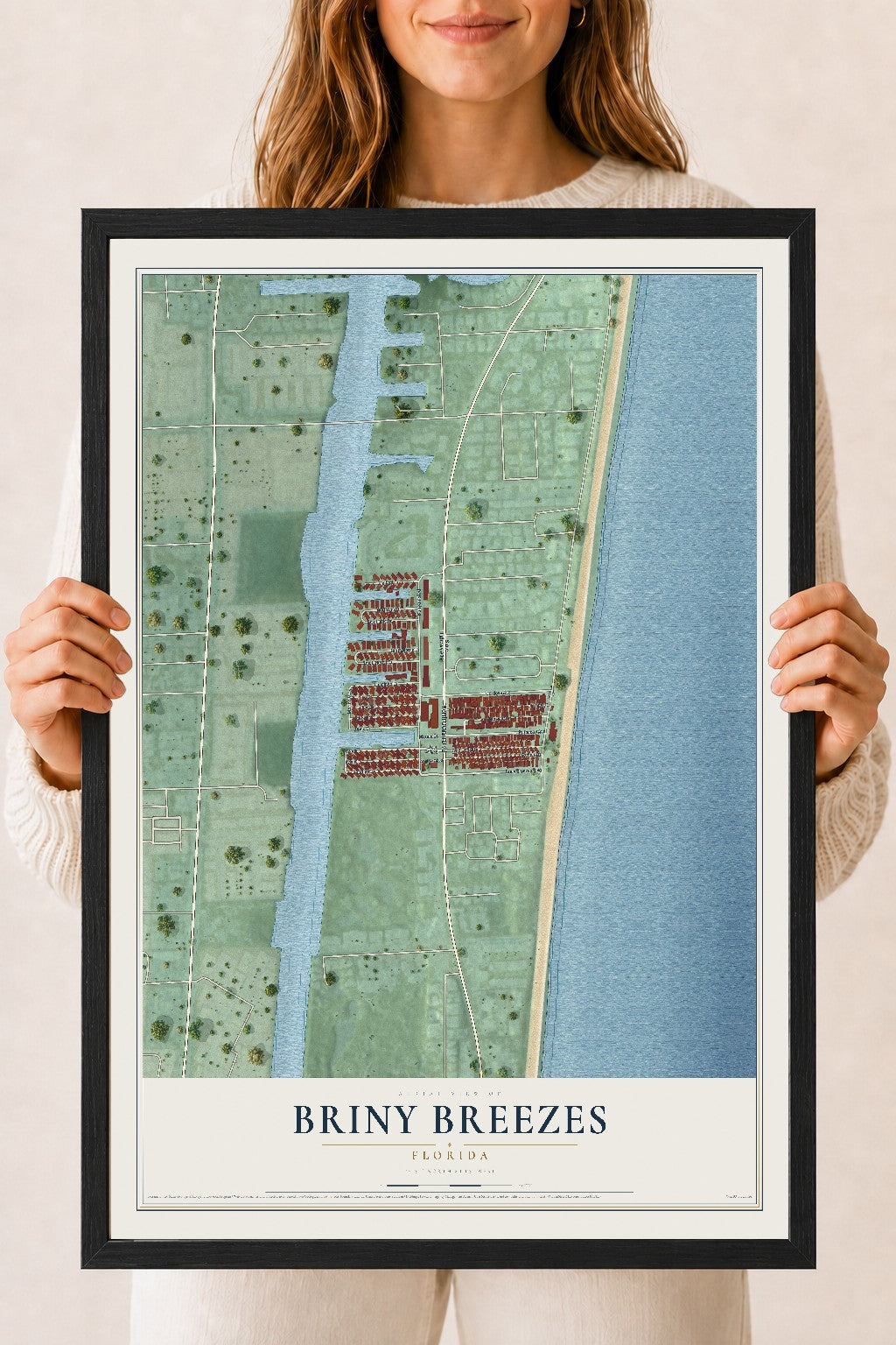 Briny Breezes, Florida map print, 18" x 24" W/ Black Ayous Wood Frame mockup