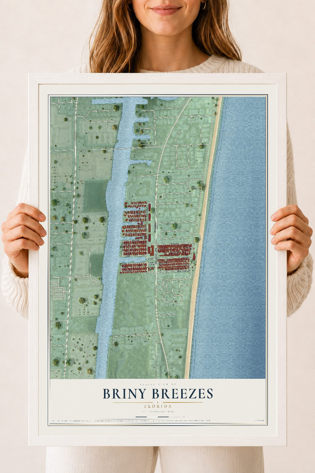 Briny Breezes, Florida map print, 18" x 24" W/ White Ayous Wood Frame mockup