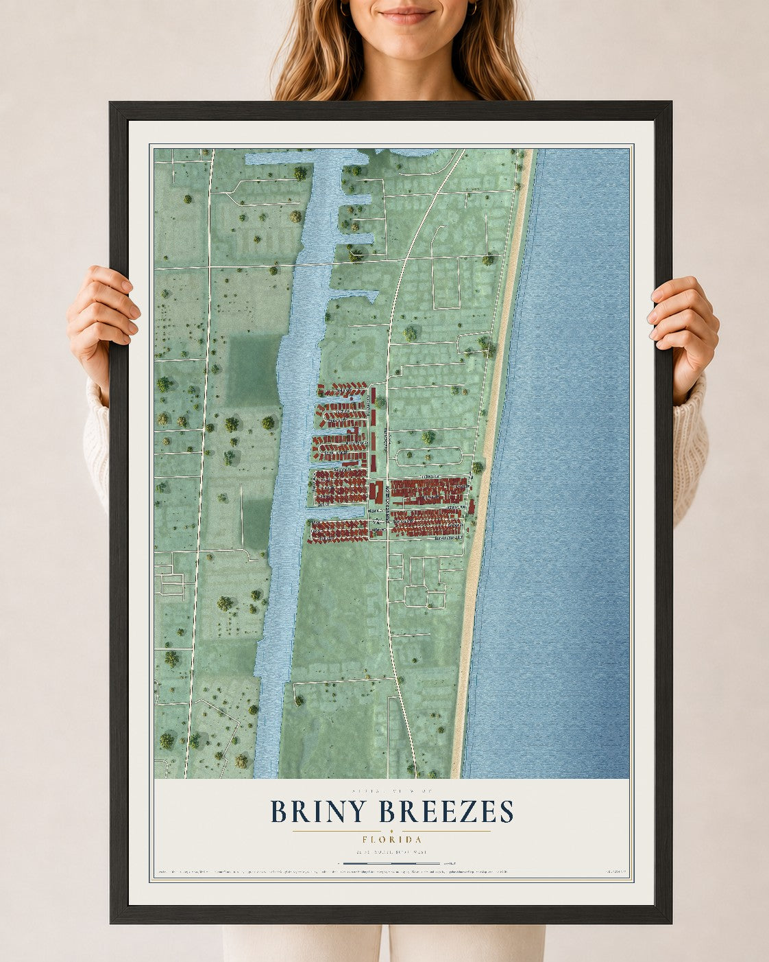 Briny Breezes, Florida map print, 24" x 36" W/ Black Ayous Wood Frame mockup