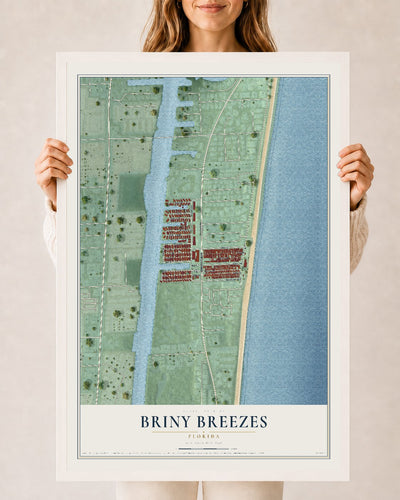 Briny Breezes, Florida map print, 24" x 36" W/ White Ayous Wood Frame mockup