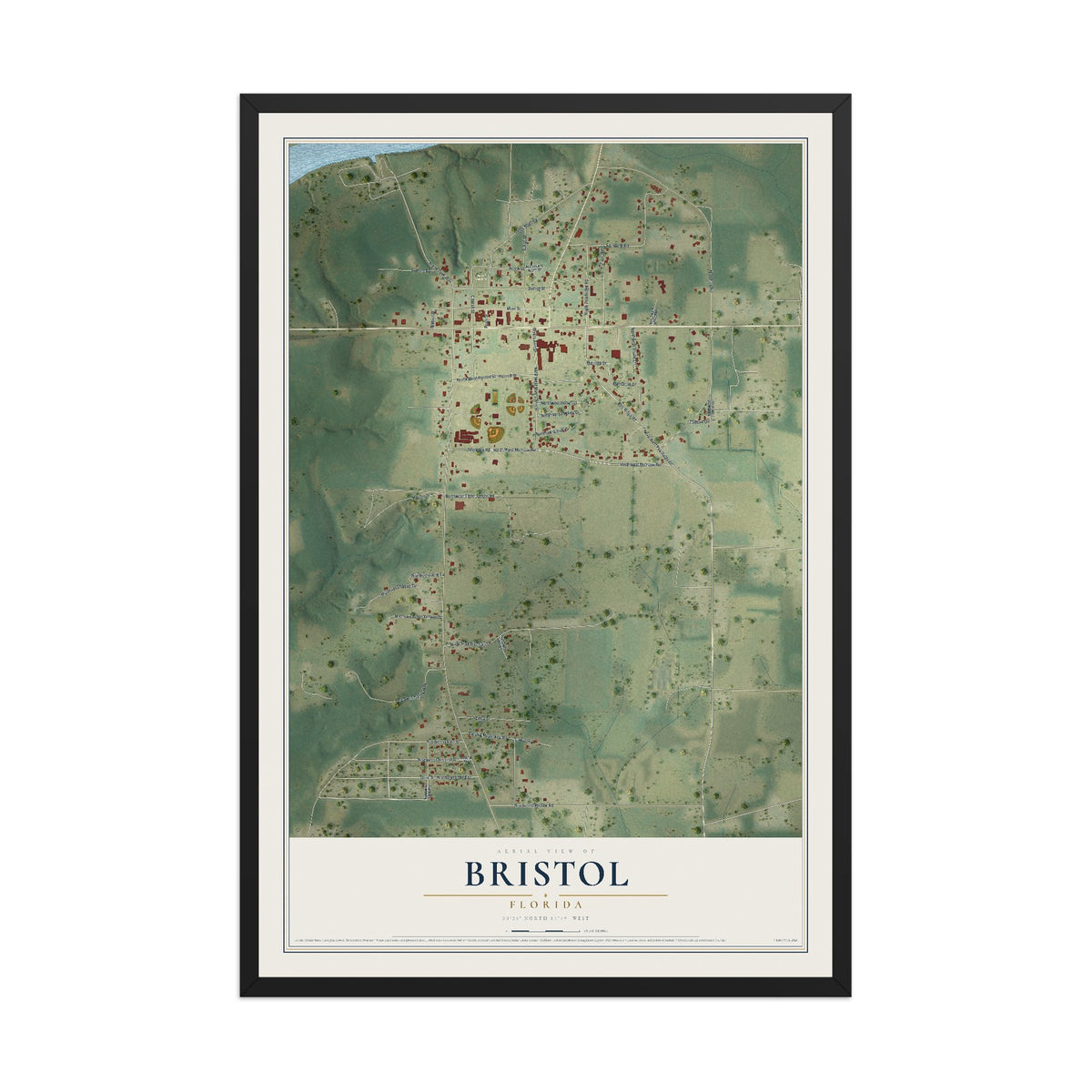 Bristol, Florida map print, 12" x 18" W/ Black Ayous Wood Frame mockup