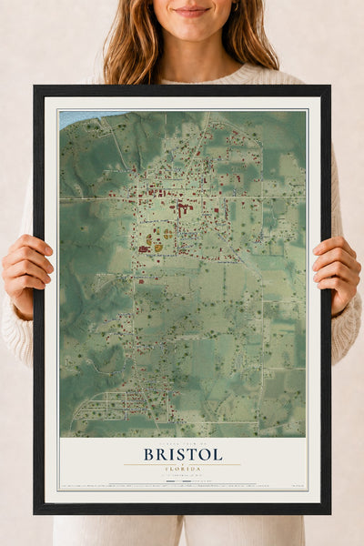 Bristol, Florida map print, 18" x 24" W/ Black Ayous Wood Frame mockup