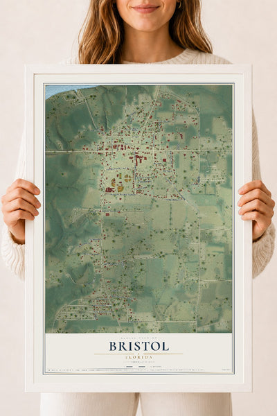 Bristol, Florida map print, 18" x 24" W/ White Ayous Wood Frame mockup