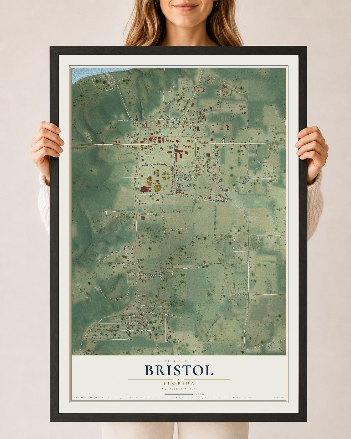 Bristol, Florida map print, 24" x 36" W/ Black Ayous Wood Frame mockup
