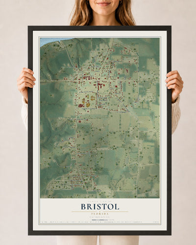 Bristol, Florida map print, 24" x 36" W/ Black Ayous Wood Frame mockup
