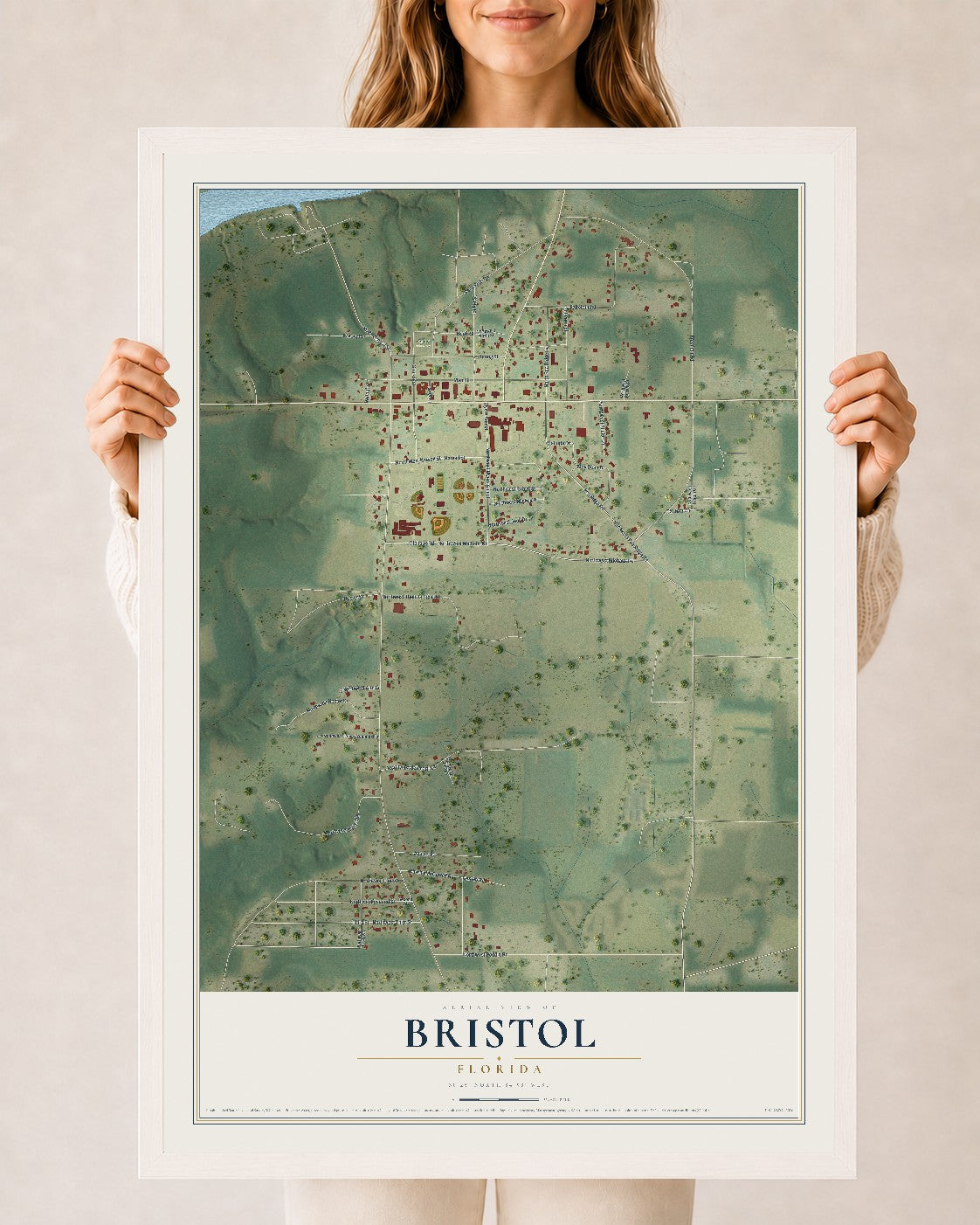 Bristol, Florida map print, 24" x 36" W/ White Ayous Wood Frame mockup