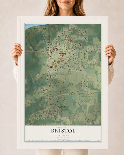 Bristol, Florida map print, 24" x 36" W/ White Ayous Wood Frame mockup
