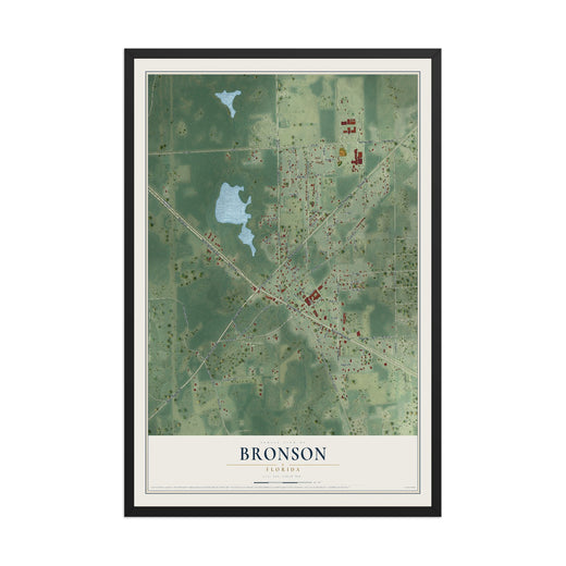 Map of Bronson, Florida, 12 x 18 inch print in a black wood frame