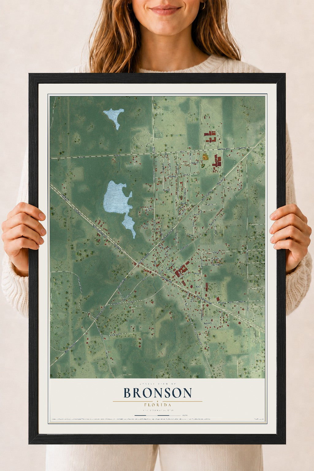 Bronson, Florida map print, 18" x 24" W/ Black Ayous Wood Frame mockup
