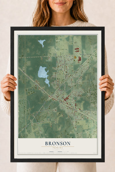 Bronson, Florida map print, 18" x 24" W/ Black Ayous Wood Frame mockup