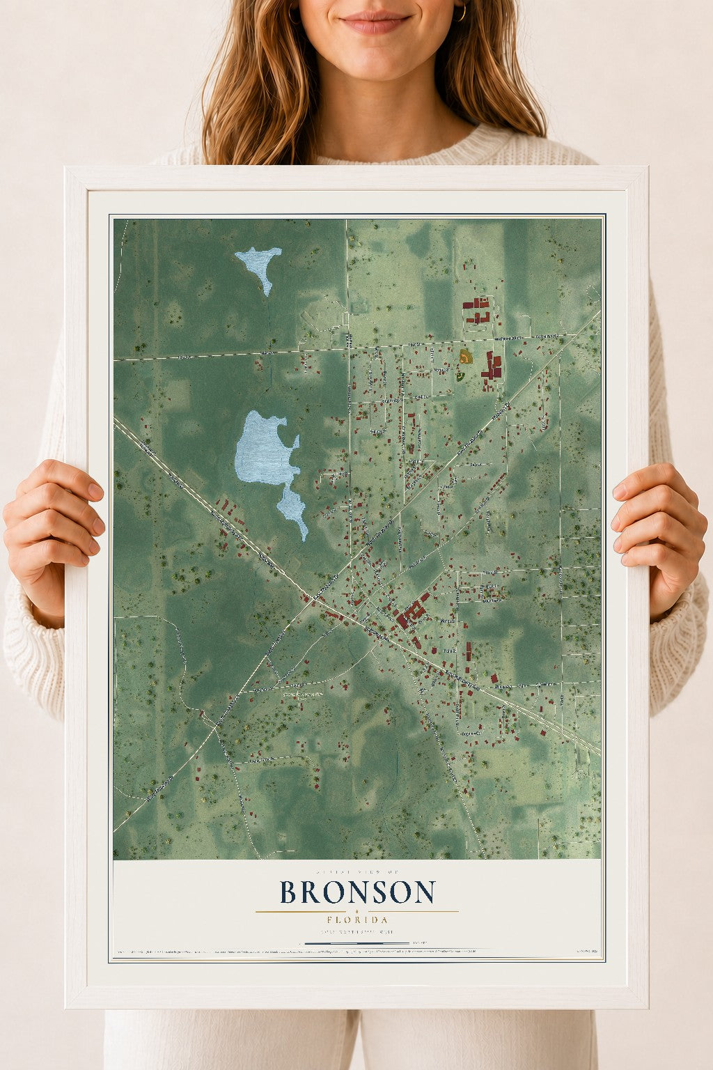 Bronson, Florida map print, 18" x 24" W/ White Ayous Wood Frame mockup