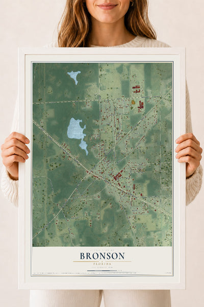 Bronson, Florida map print, 18" x 24" W/ White Ayous Wood Frame mockup