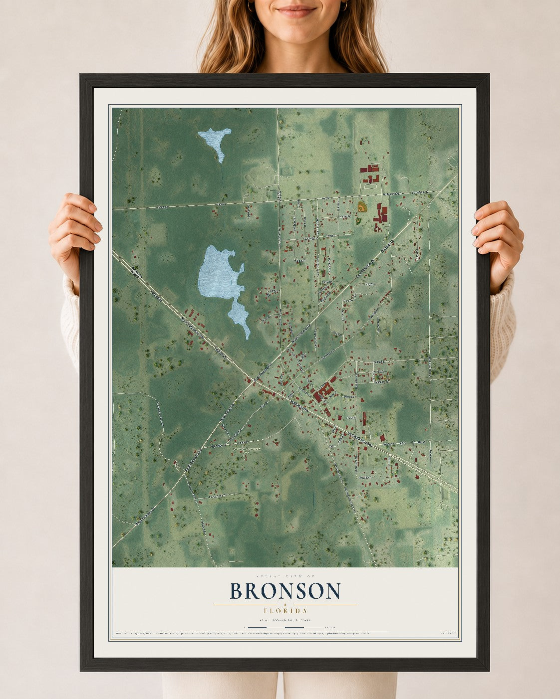 Bronson, Florida map print, 24" x 36" W/ Black Ayous Wood Frame mockup