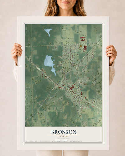 Bronson, Florida map print, 24" x 36" W/ White Ayous Wood Frame mockup