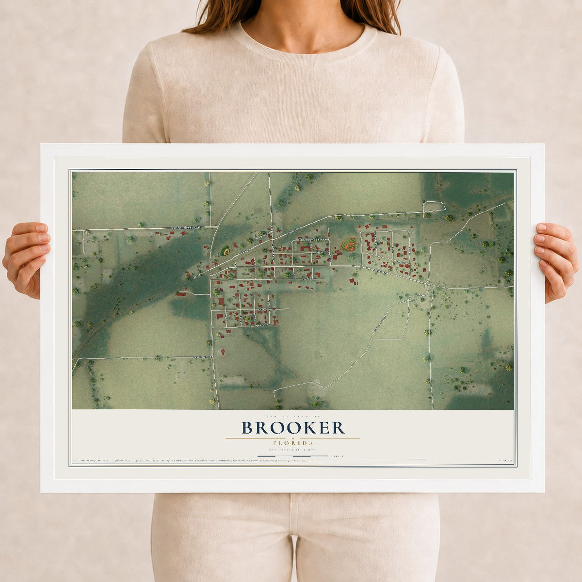 Brooker, Florida map print, 12" x 18" W/ White Ayous Wood Frame mockup