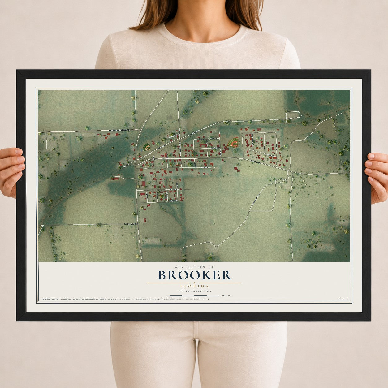 Brooker, Florida map print, 18" x 24" W/ Black Ayous Wood Frame mockup