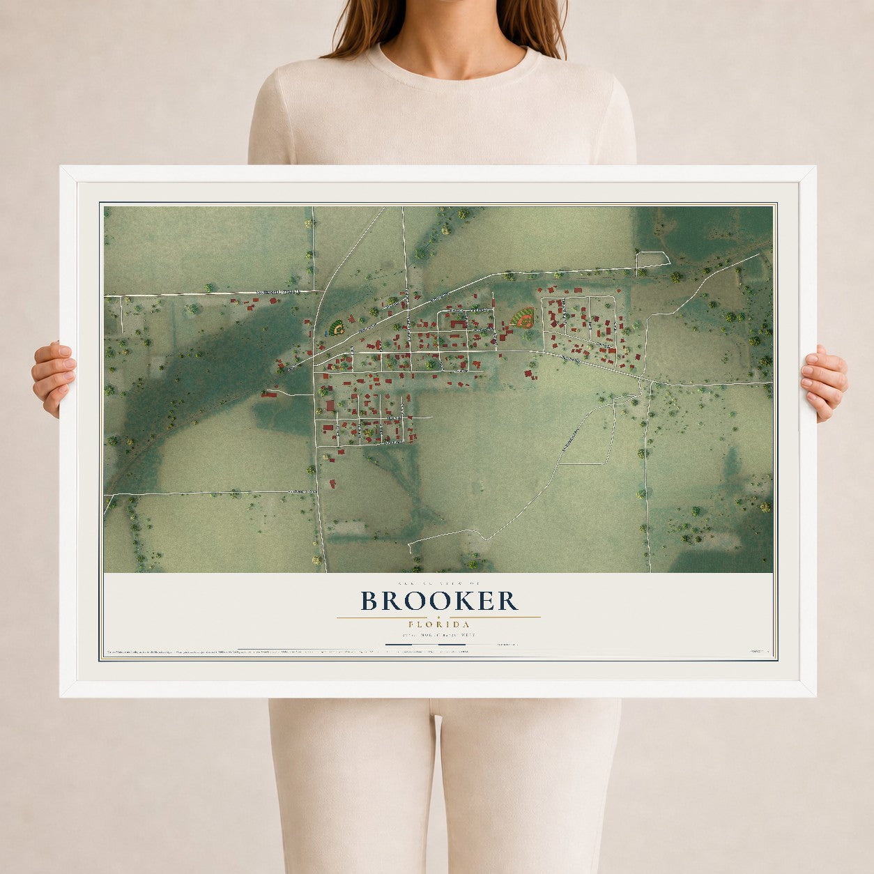 Brooker, Florida map print, 24" x 36" W/ White Ayous Wood Frame mockup