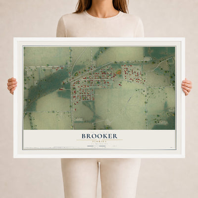 Brooker, Florida map print, 24" x 36" W/ White Ayous Wood Frame mockup