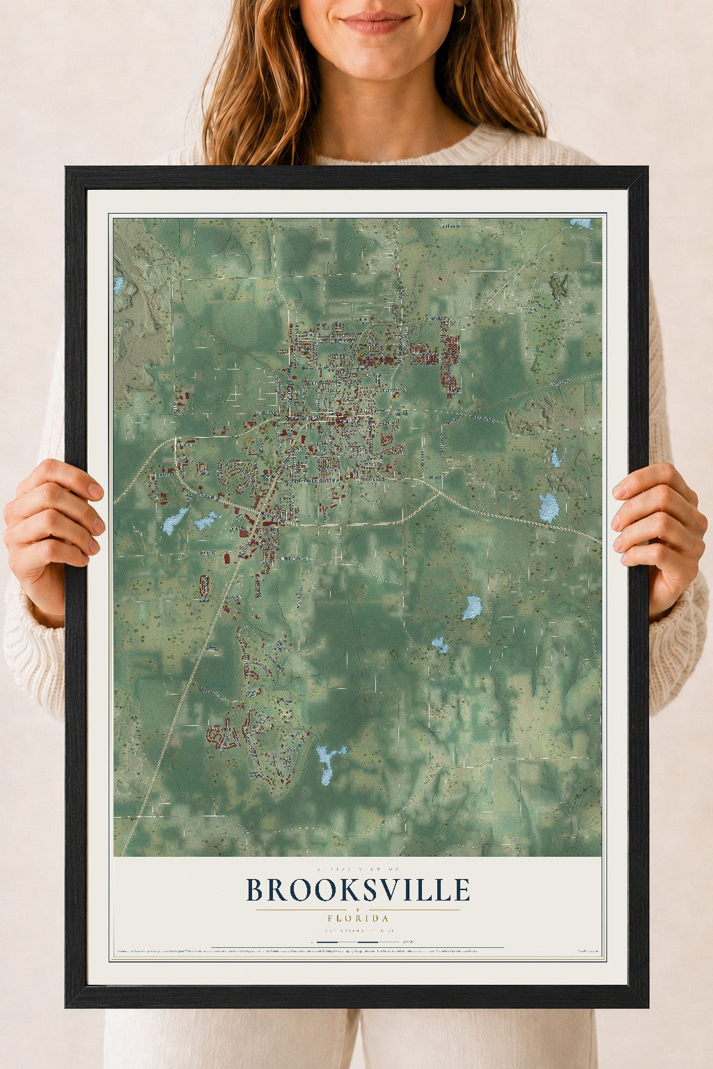 Brooksville, Florida map print, 18" x 24" W/ Black Ayous Wood Frame mockup