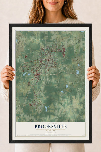 Brooksville, Florida map print, 18" x 24" W/ Black Ayous Wood Frame mockup
