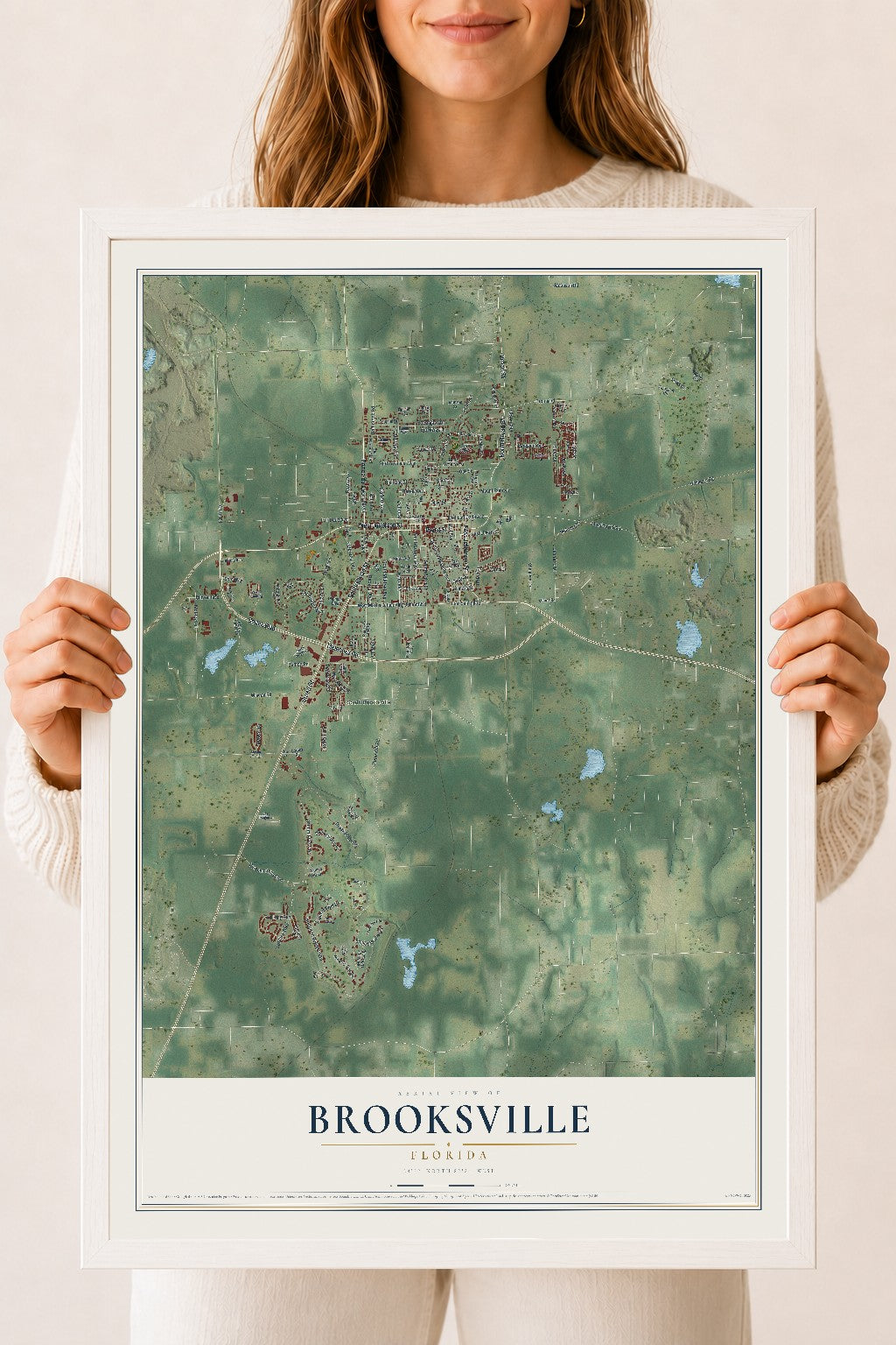 Brooksville, Florida map print, 18" x 24" W/ White Ayous Wood Frame mockup