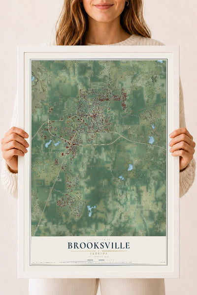 Brooksville, Florida map print, 18" x 24" W/ White Ayous Wood Frame mockup