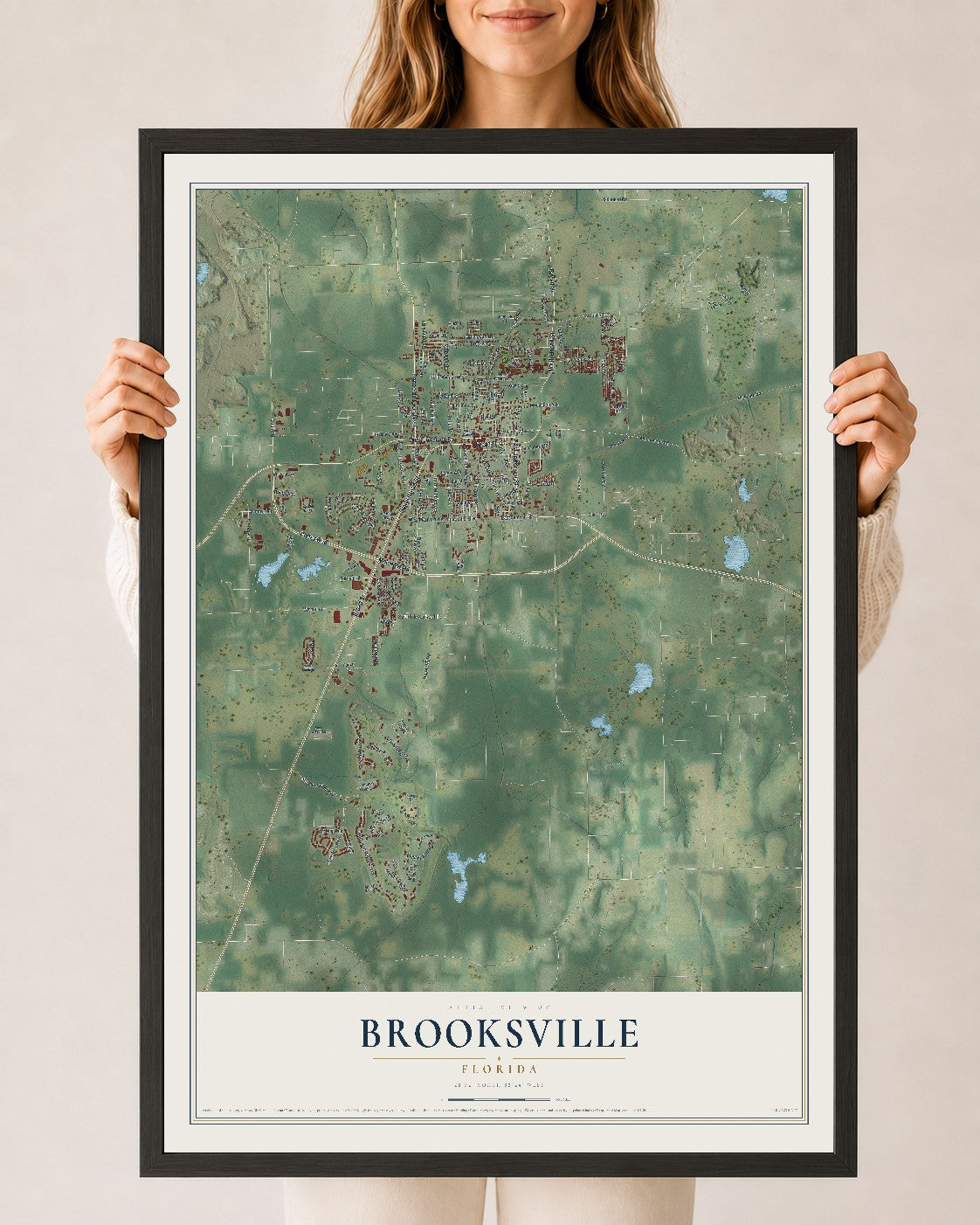 Brooksville, Florida map print, 24" x 36" W/ Black Ayous Wood Frame mockup
