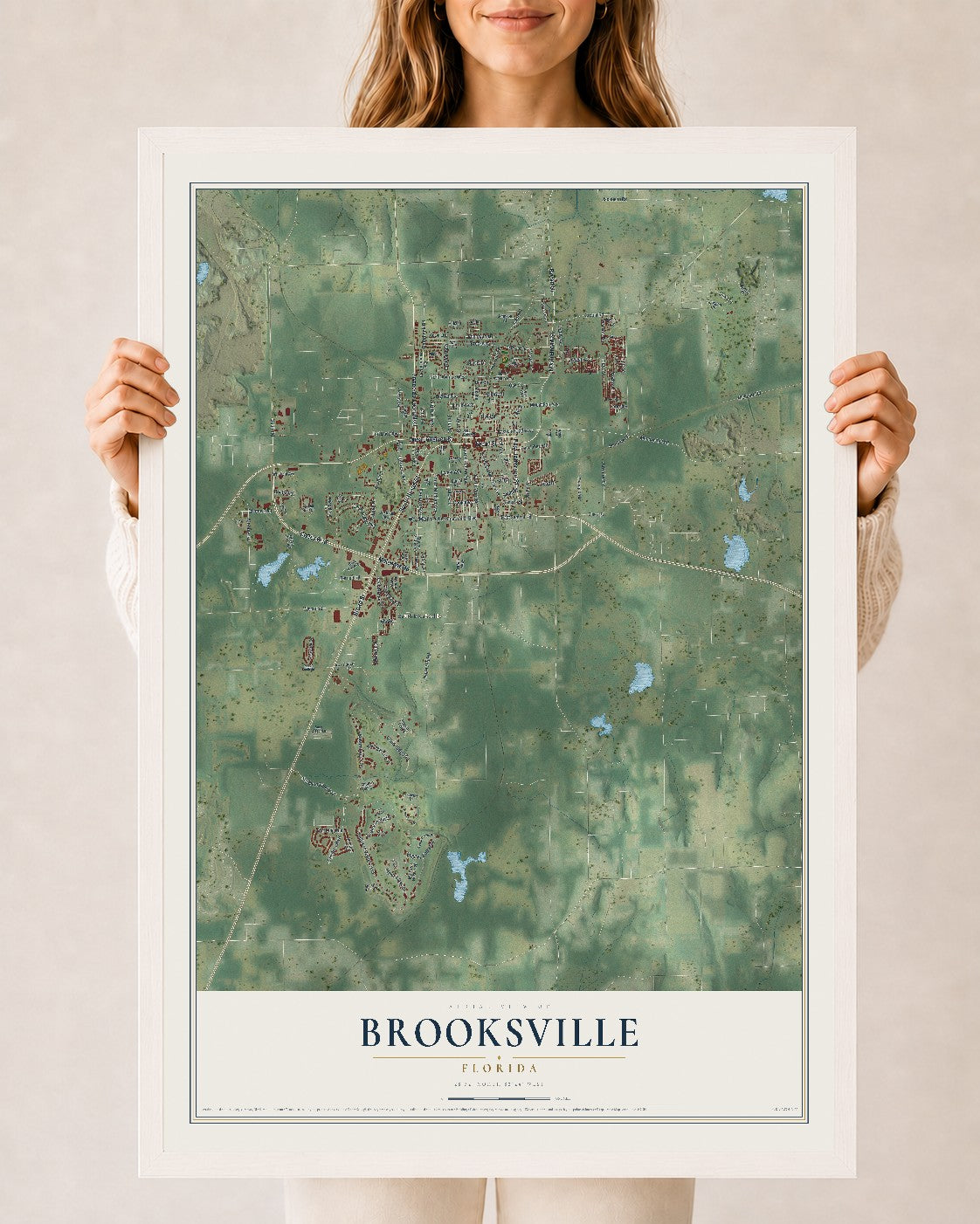 Brooksville, Florida map print, 24" x 36" W/ White Ayous Wood Frame mockup
