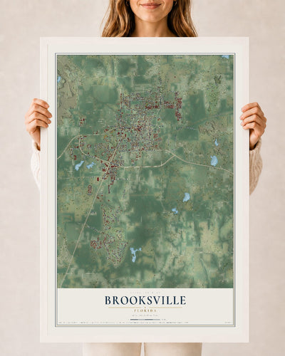 Brooksville, Florida map print, 24" x 36" W/ White Ayous Wood Frame mockup