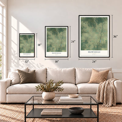 Brownsdale, Florida map in 12 x 18, 18 x 24 and 24 x 36 inch sizes above a sofa