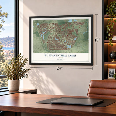 Buenaventura Lakes, Florida map, 18 x 24 inch print in a black frame in a home office