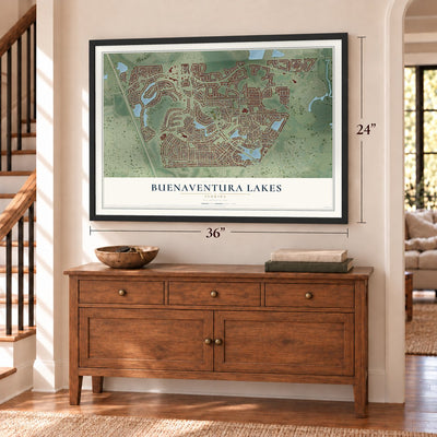 Buenaventura Lakes, Florida map, 24 x 36 inch print in a black frame above a dresser by a staircase