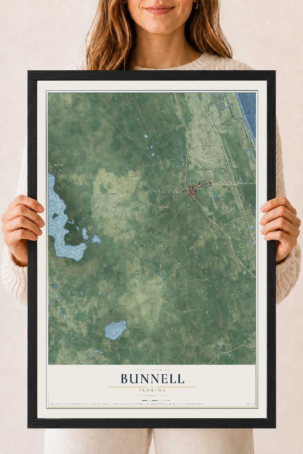 Bunnell, Florida map print, 18" x 24" W/ Black Ayous Wood Frame mockup