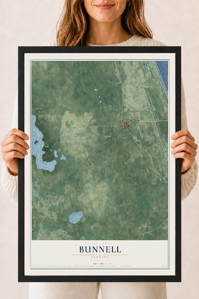 Bunnell, Florida map print, 18" x 24" W/ Black Ayous Wood Frame mockup