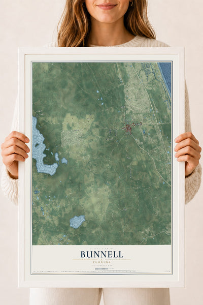 Bunnell, Florida map print, 18" x 24" W/ White Ayous Wood Frame mockup