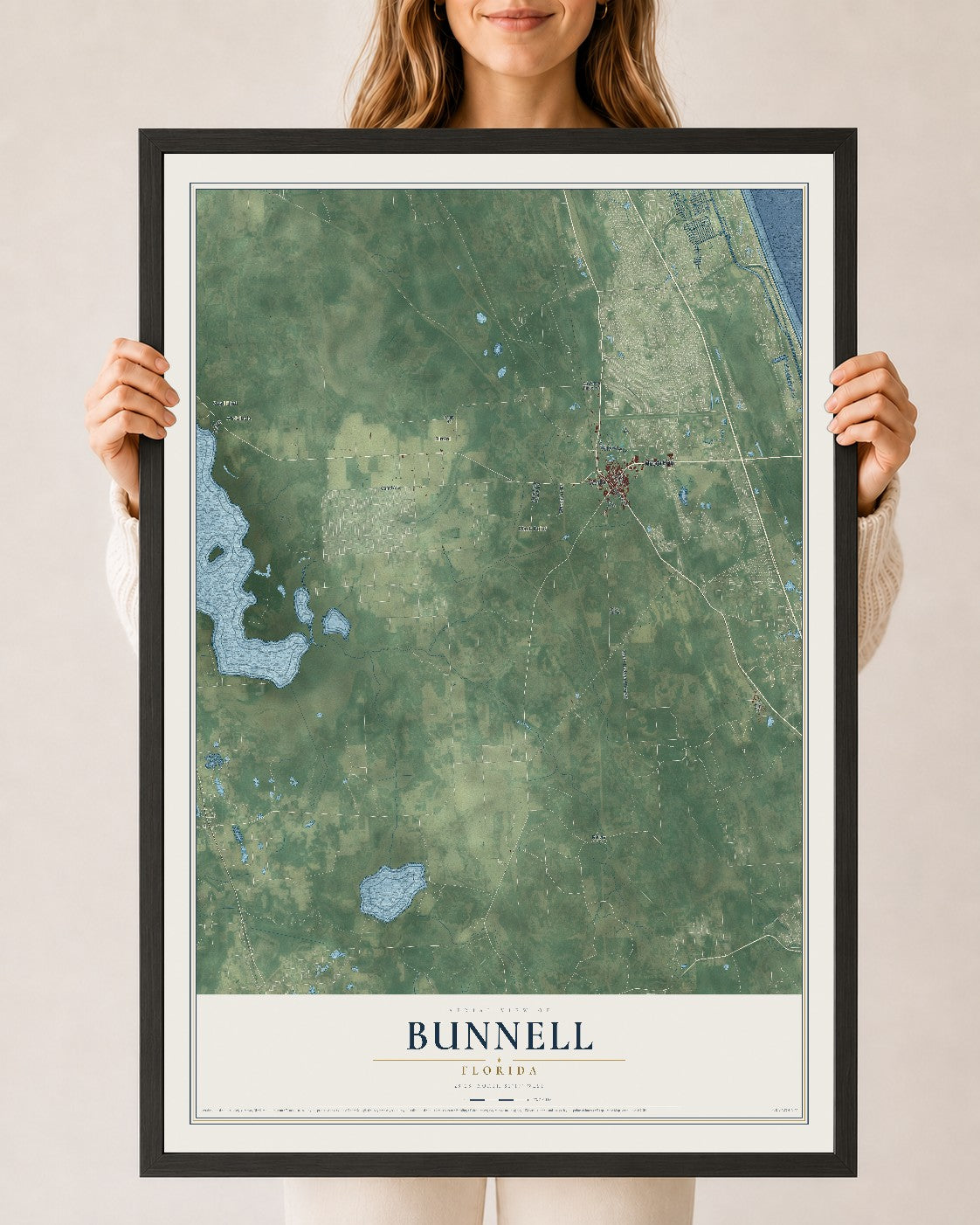 Bunnell, Florida map print, 24" x 36" W/ Black Ayous Wood Frame mockup