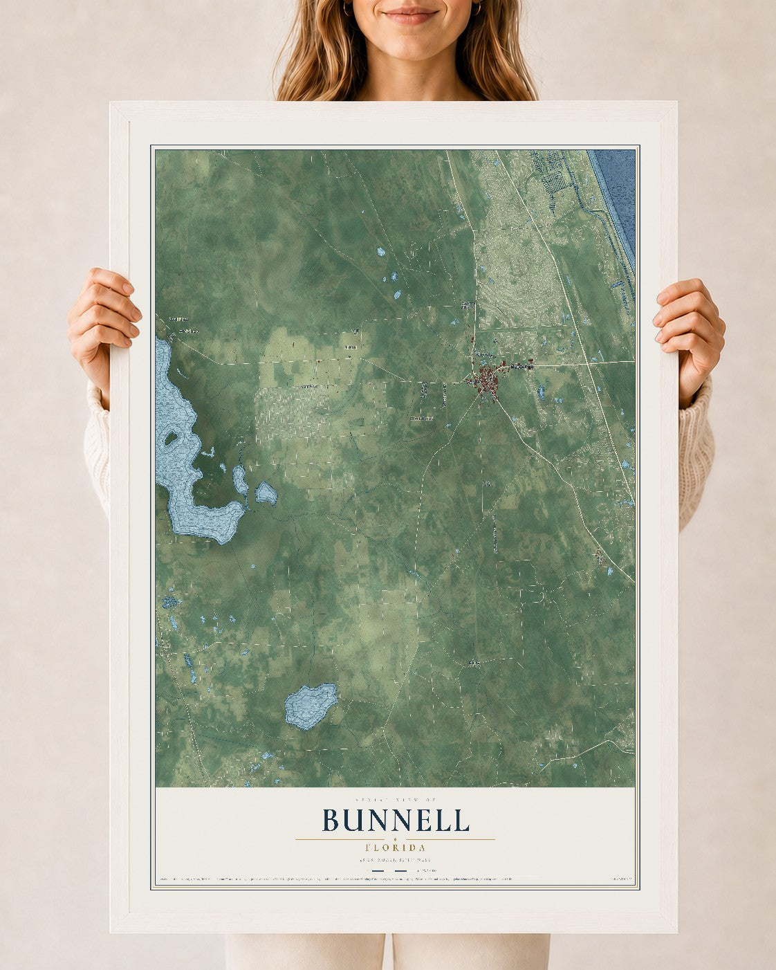 Bunnell, Florida map print, 24" x 36" W/ White Ayous Wood Frame mockup