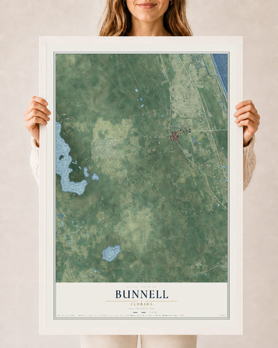 Bunnell, Florida map print, 24" x 36" W/ White Ayous Wood Frame mockup