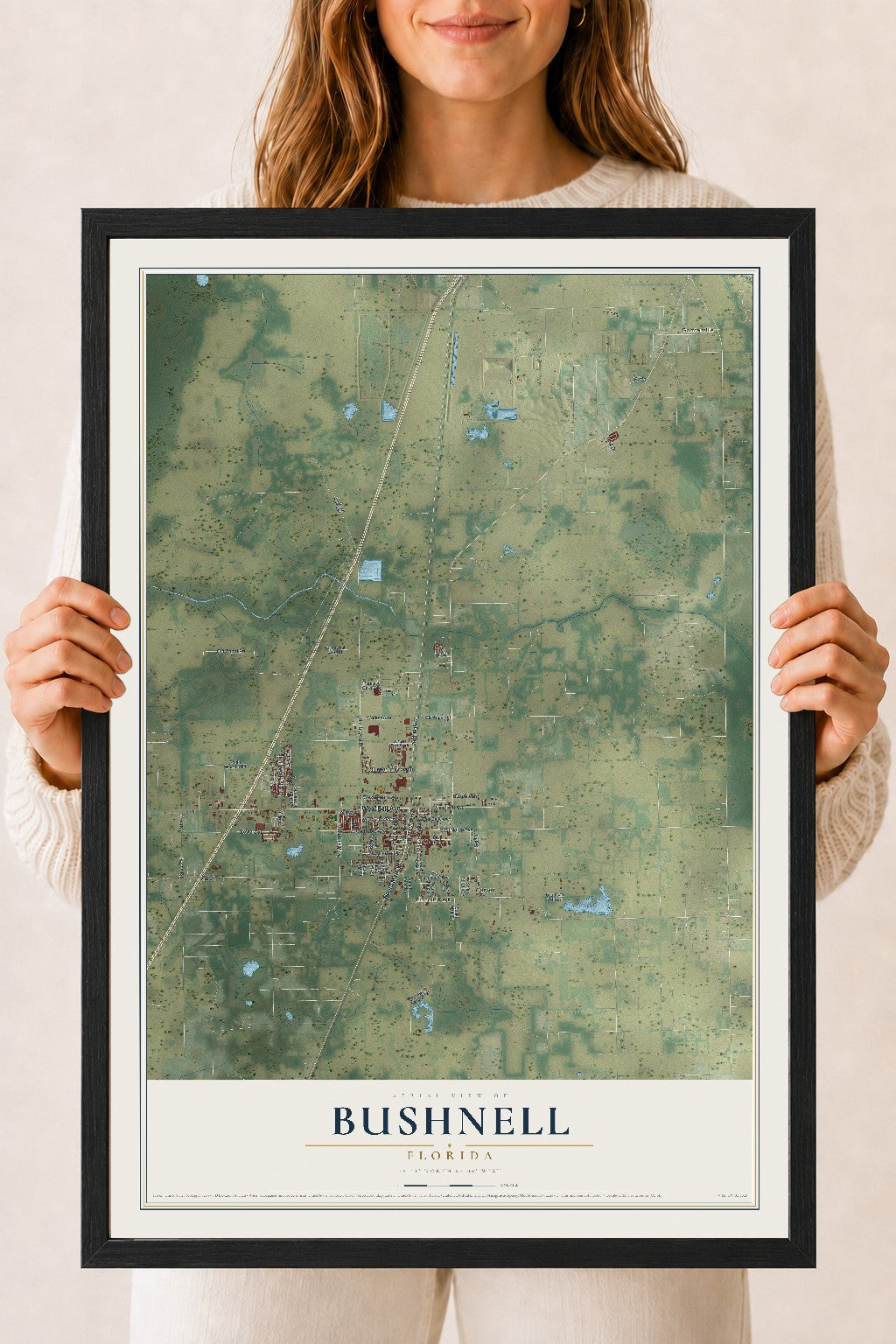 Bushnell, Florida map print, 18" x 24" W/ Black Ayous Wood Frame mockup