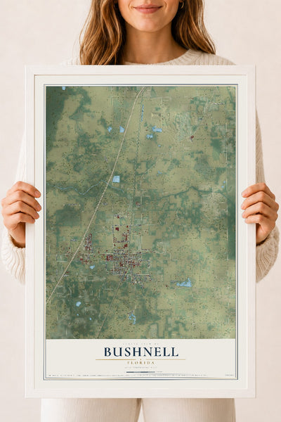 Bushnell, Florida map print, 18" x 24" W/ White Ayous Wood Frame mockup