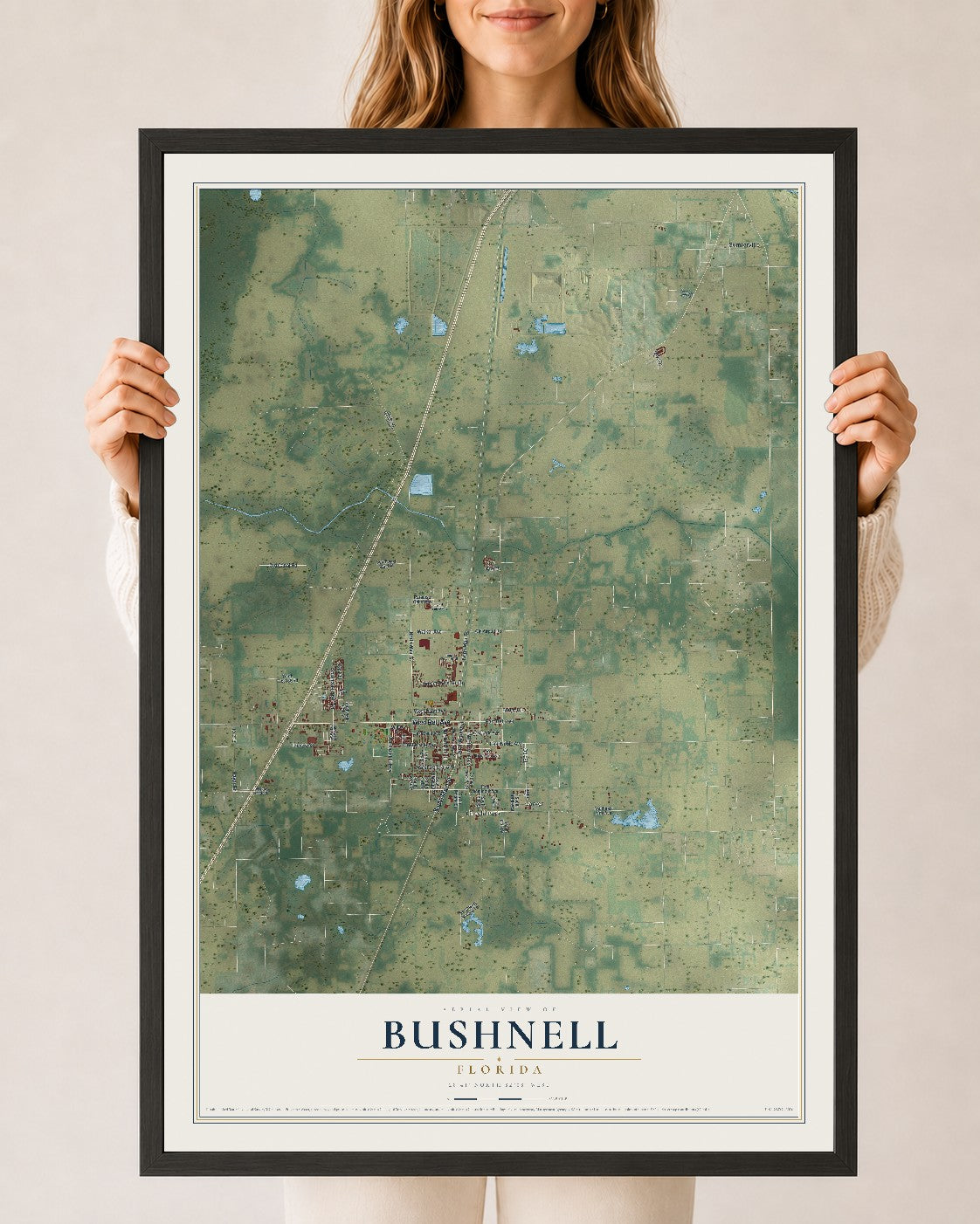 Bushnell, Florida map print, 24" x 36" W/ Black Ayous Wood Frame mockup