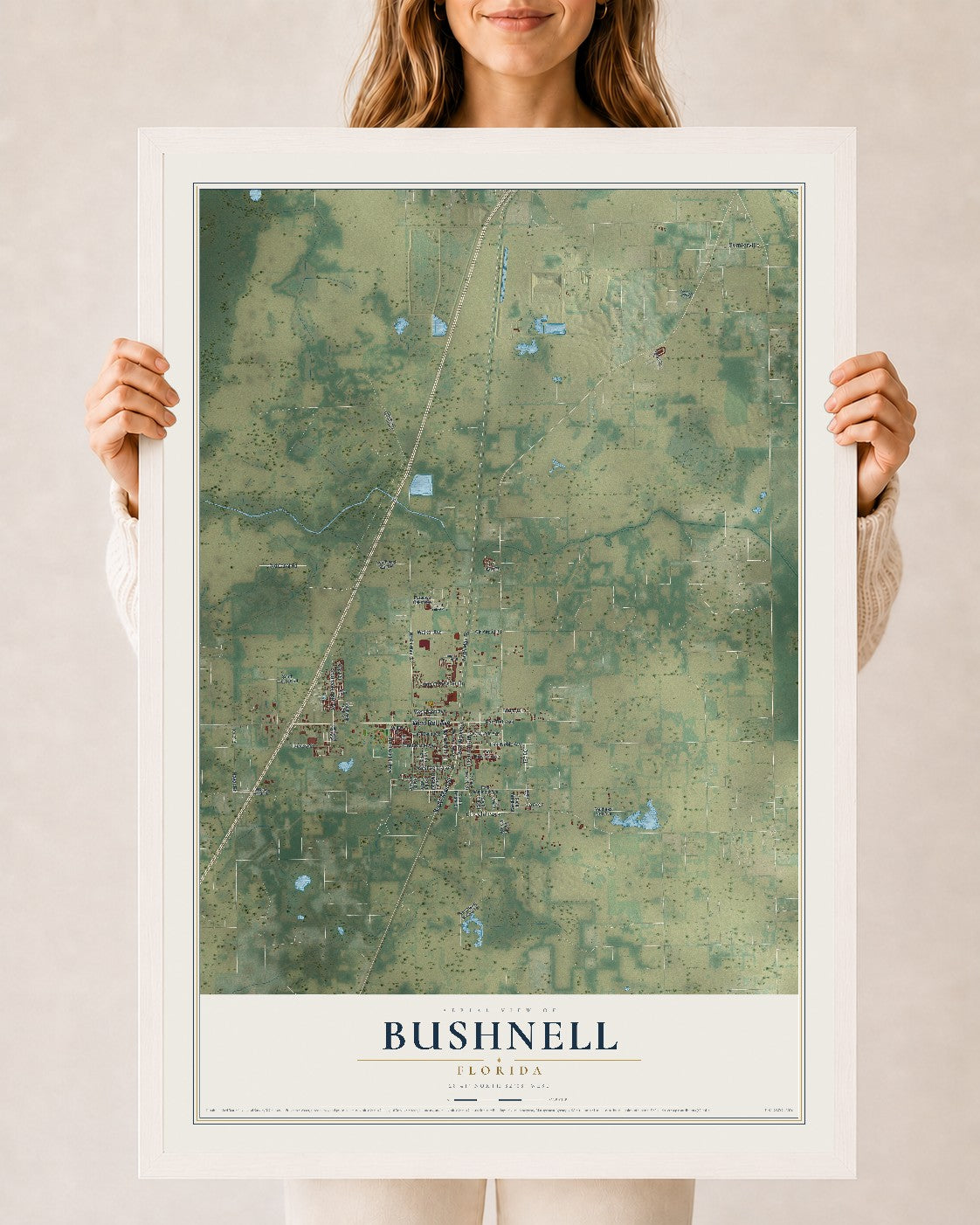 Bushnell, Florida map print, 24" x 36" W/ White Ayous Wood Frame mockup