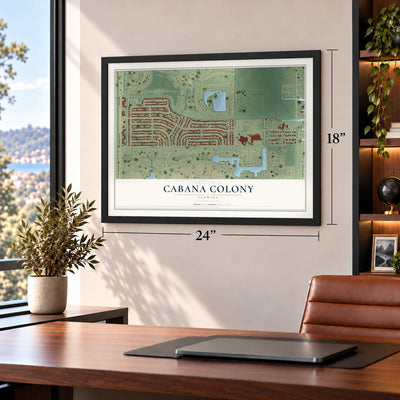 Cabana Colony, Florida map, 18 x 24 inch print in a black frame in a home office