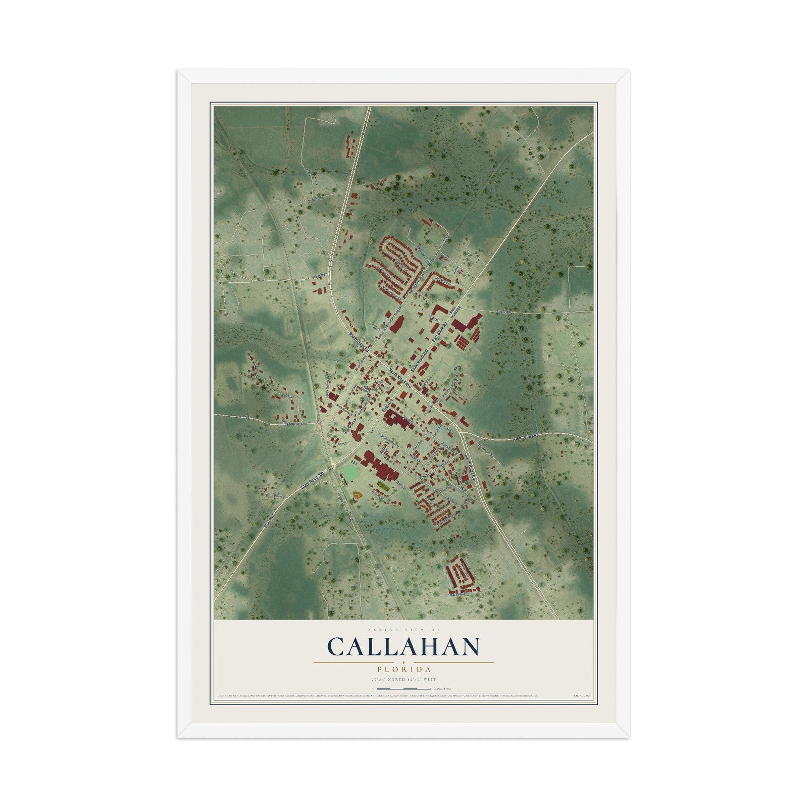 Callahan, Florida map print, 12" x 18" W/ White Ayous Wood Frame mockup