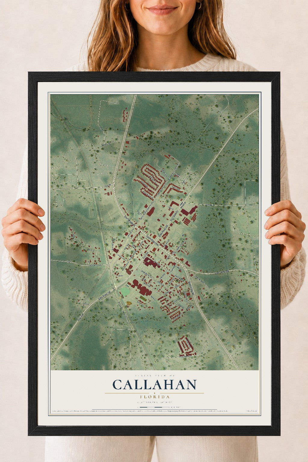 Callahan, Florida map print, 18" x 24" W/ Black Ayous Wood Frame mockup
