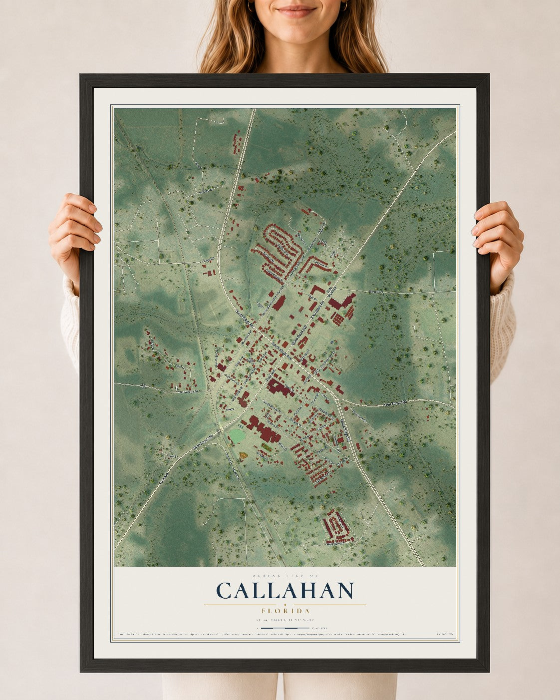 Callahan, Florida map print, 24" x 36" W/ Black Ayous Wood Frame mockup