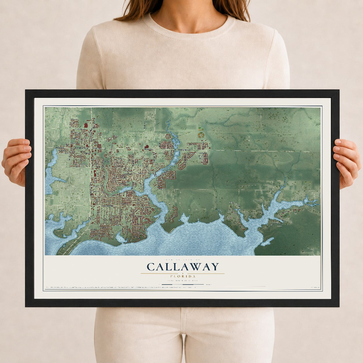Callaway, Florida map print, 12" x 18" W/ Black Ayous Wood Frame mockup
