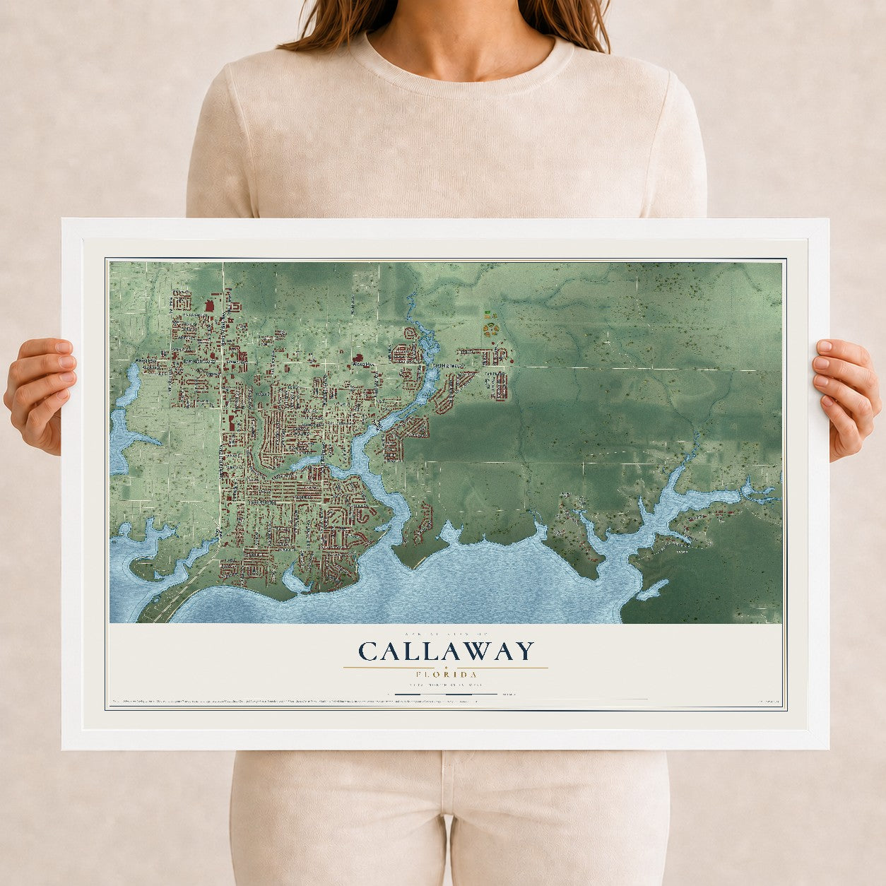 Callaway, Florida map print, 12" x 18" W/ White Ayous Wood Frame mockup